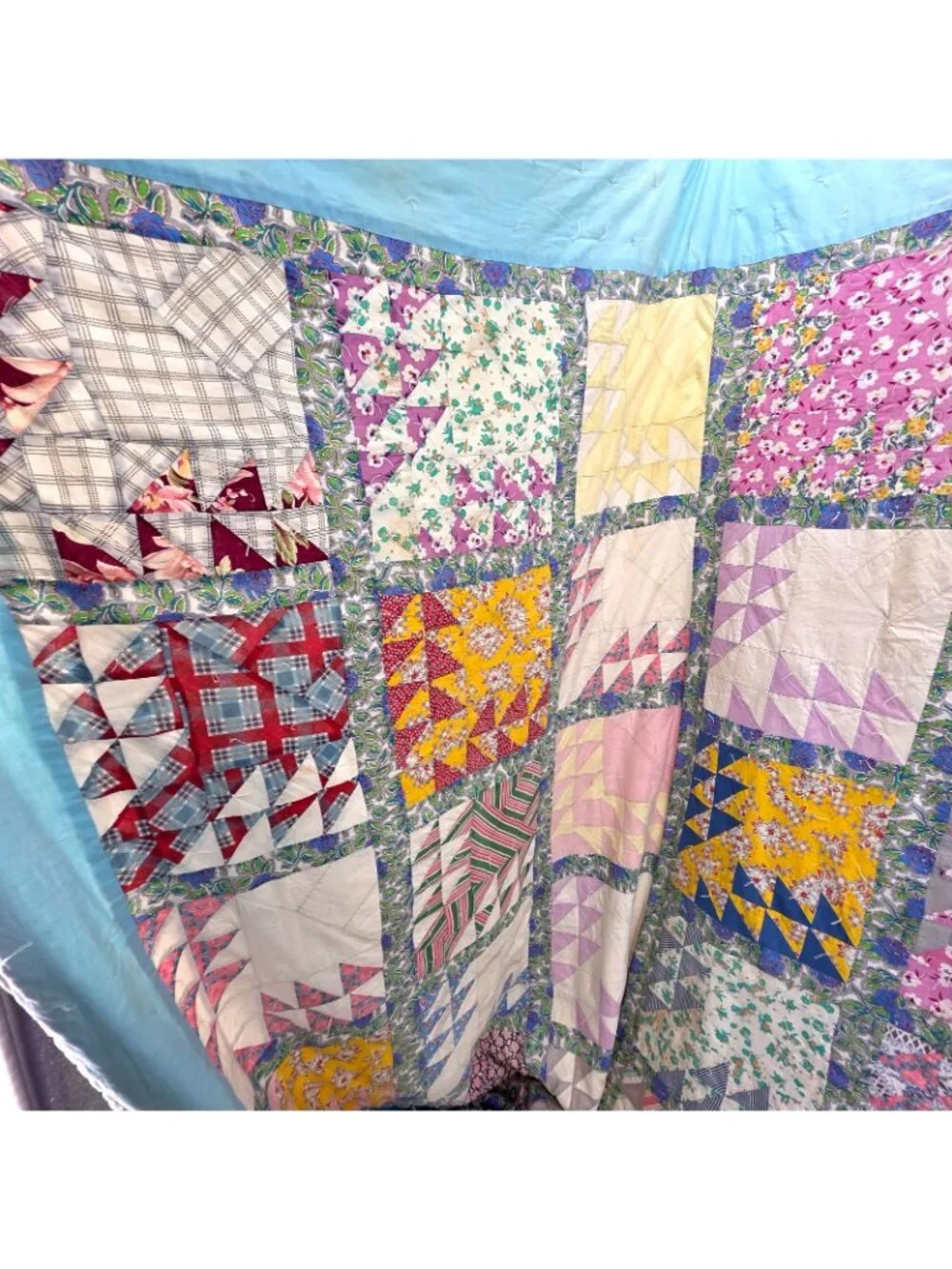 Vintage Handmade Patchwork Quilt Queen Jacobs Ladder Blue 82